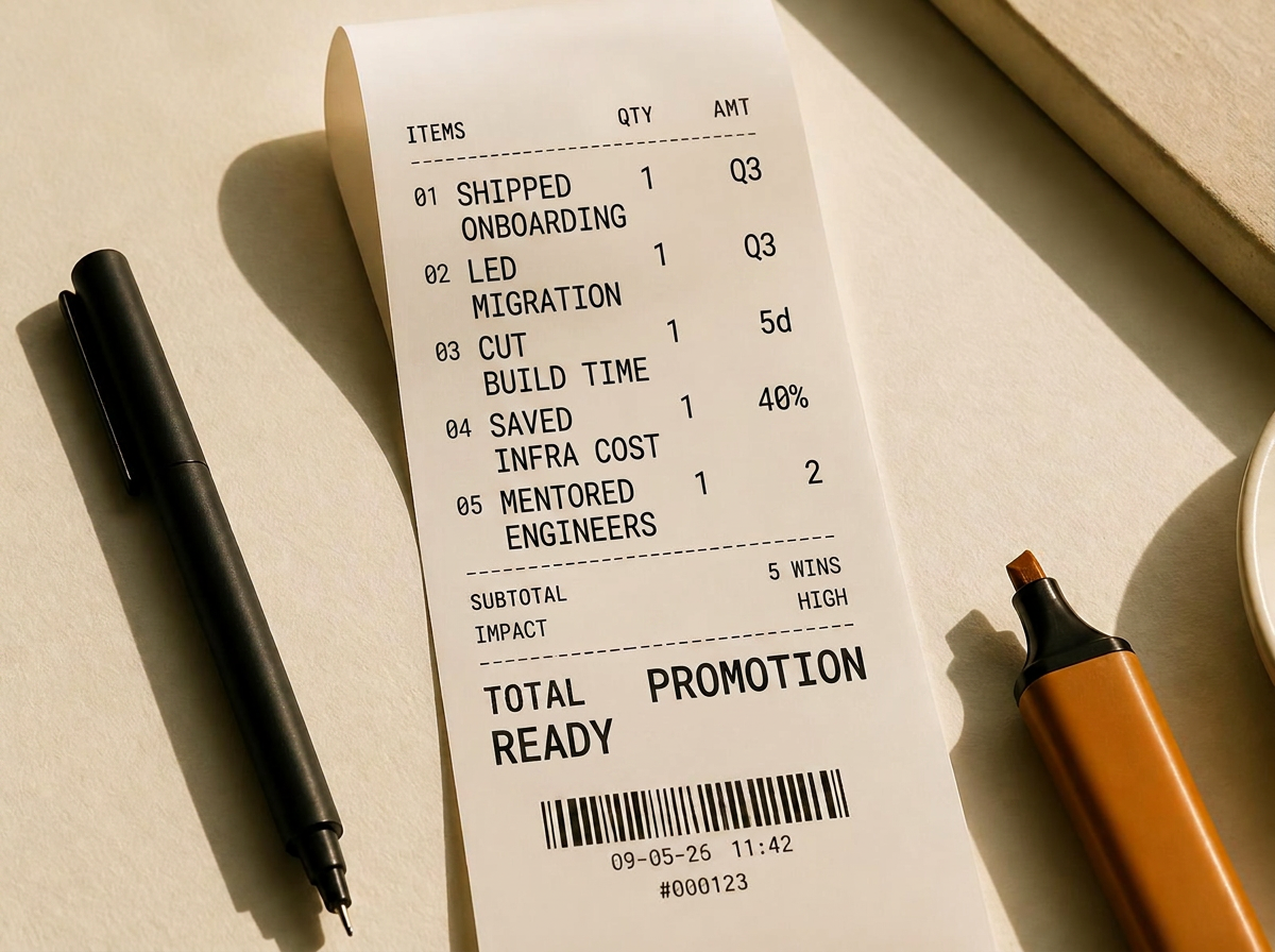 A long printed receipt of career wins — shipped onboarding, led a migration, cut build time, saved infra cost, mentored engineers — on a warm desk next to a black pen and an amber highlighter